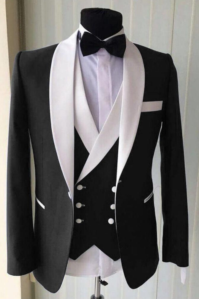 3 Piece Stylish Black Wedding Suit For Men With White Shawl Lapel