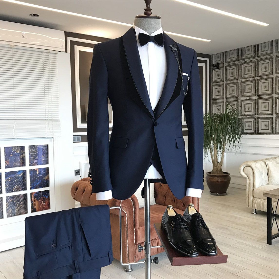 Navy Blue Lapel Shawl With One Button Wedding Suit from Gene Popular