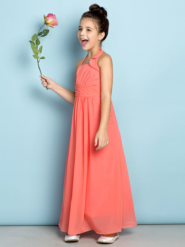 Sheath Halter Neck Chiffon Junior Bridesmaid Dress With Side Draping