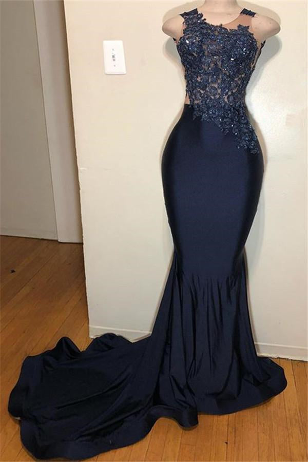 Dark Blue Mermaid Prom Dress with Sleeveless Appliques