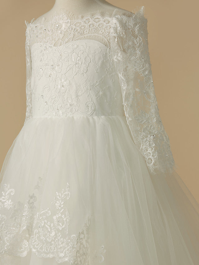 A-Line Half Sleeve Bateau Neck Flower Girl Dress with Beaded Lace Tulle Appliques