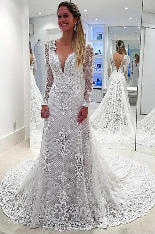 Elegant A-Line Deep V-neck Backless Long Sleeves Wedding Dress With Pearl Appliques and Lace