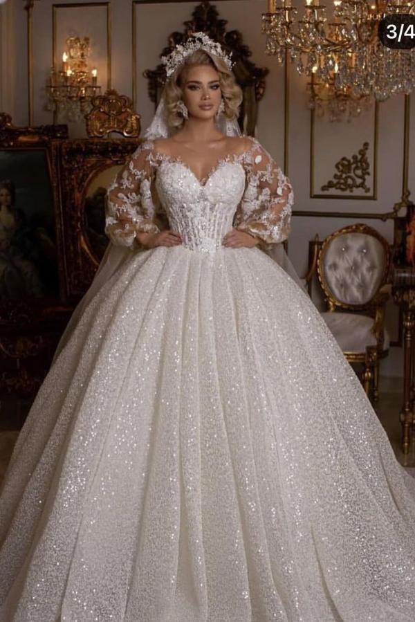 Luxury Long Ball Gown Wedding Dress With Puffy Sleeves and Appliques