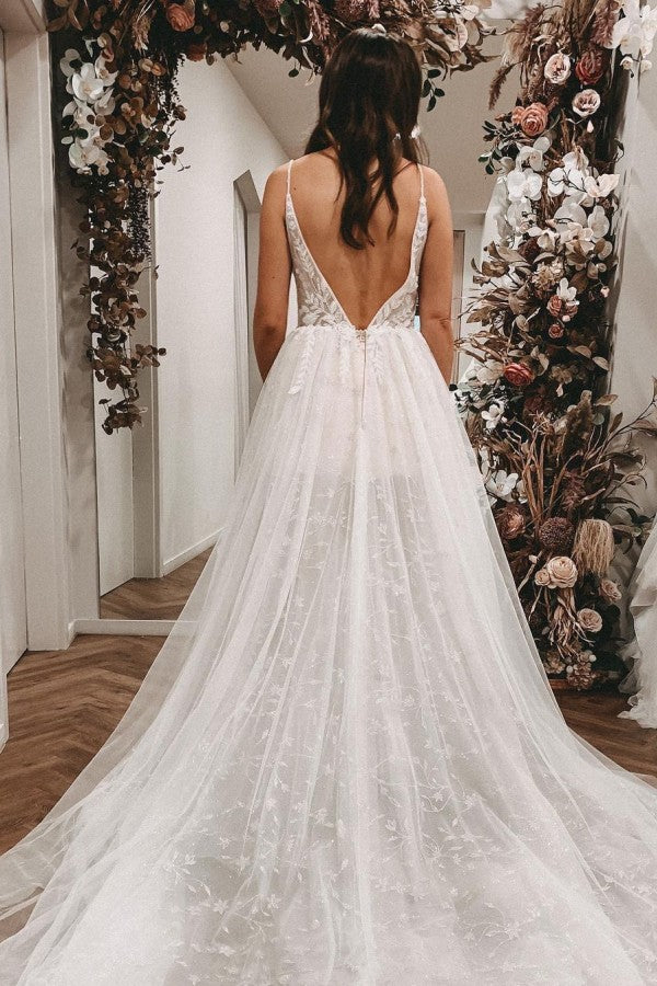 Long A-line V-neck Wedding Dress with Slit & Lace Tulle