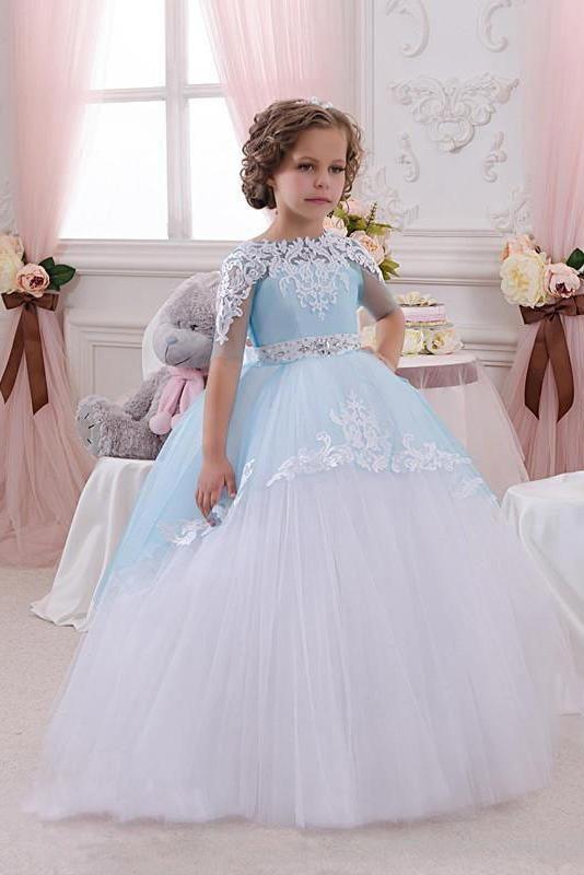 Lace Buttons Scoop Neck 1/2 Sleeve Ball Gown Flower Girls Dress