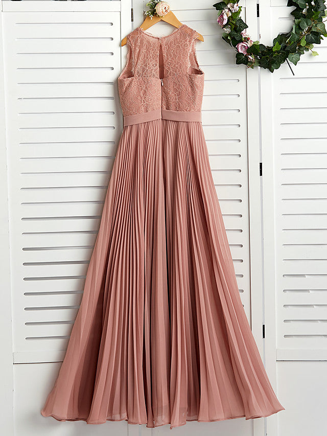 A-Line Crew Neck Flower Girl Maxi Dress with Chiffon Lace and Lace Pleats