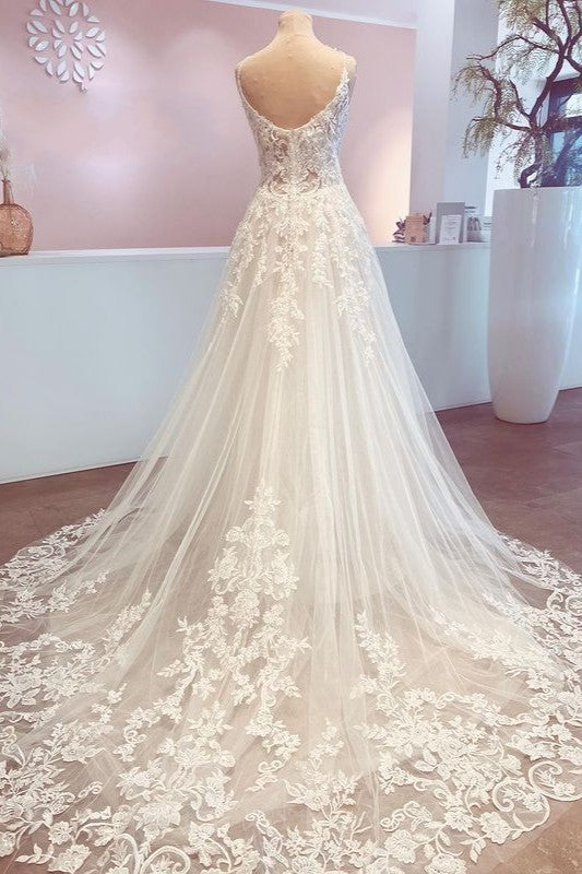 Elegant V-Neck Lace A-Line Wedding Dress