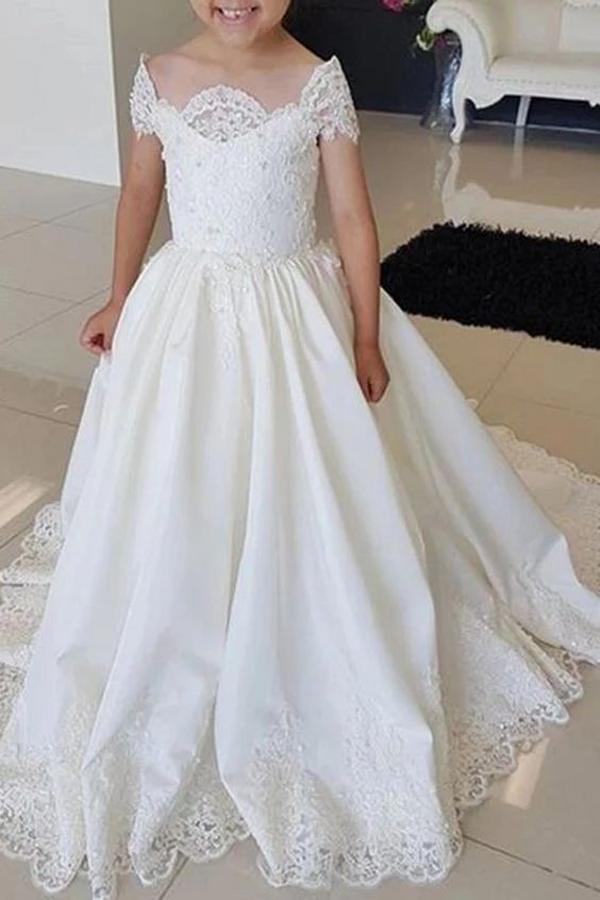 Beautiful Off-the-shoulder A-line Flower Girl Dress with Satin Lace Beads & Appliques