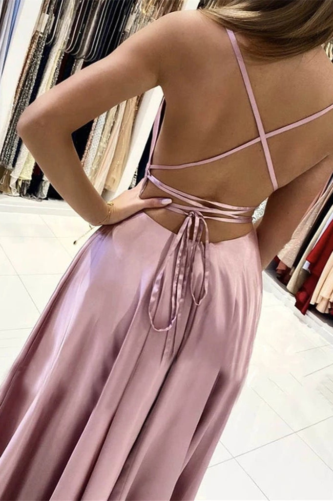 Stunning Pink Prom Dress With Slit Spaghetti-Straps