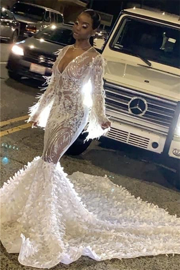 V-Neck Long Sleeves Sexy Mermaid Prom Dress with Sequins