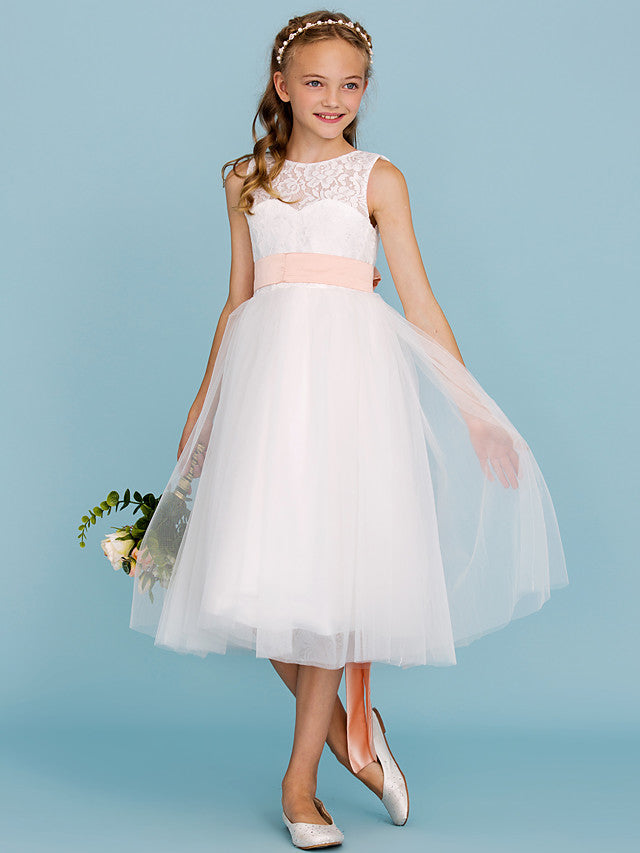 A-Line Crew Neck Tea Length Lace & Tulle Junior Bridesmaid Dress w/ Sash Ribbon Pleats for Weddings & Parties Open Back & See Through Design