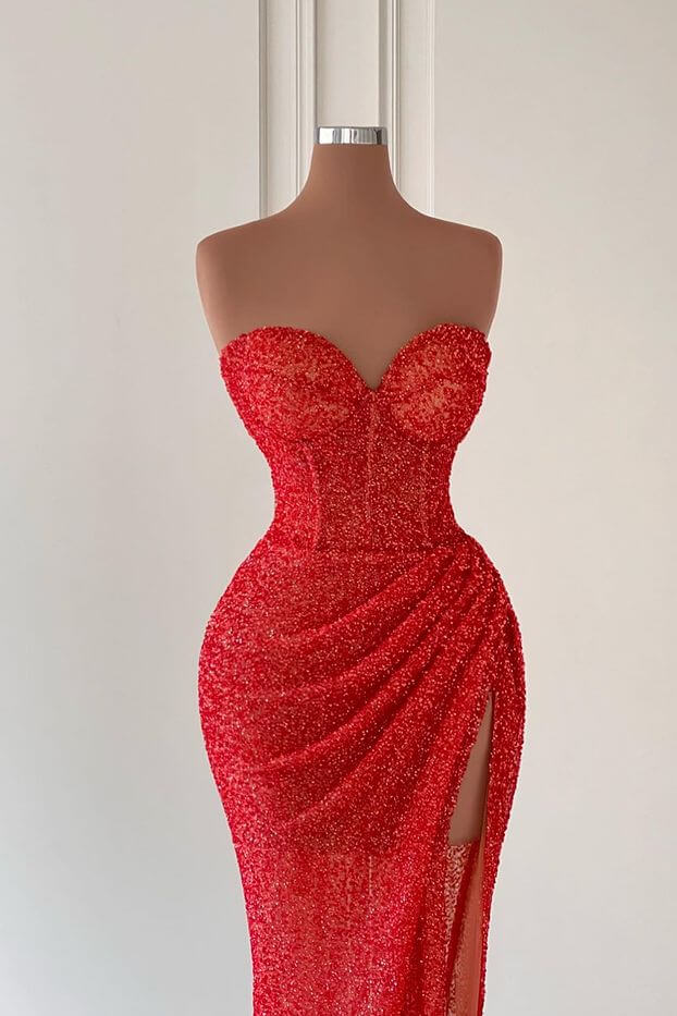 Red Sweetheart Sleeveless Long Mermaid Sequins Prom Dress with Split