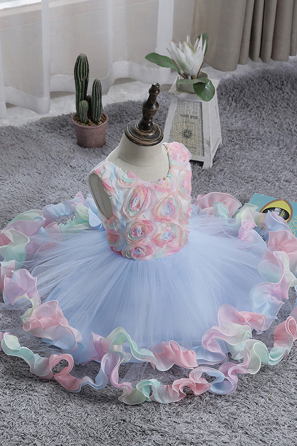 Princess Floral Jewel Sleeveless Flower Girl Dress with Tulle Appliques