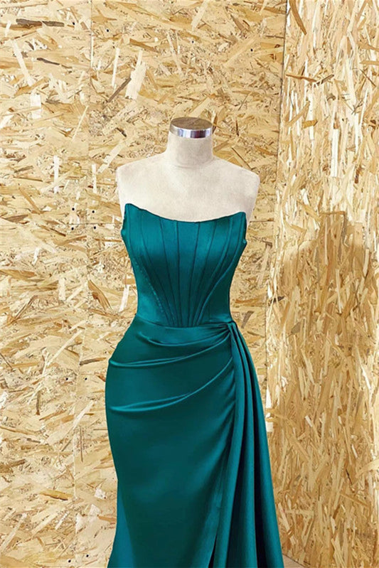 Modern Dark Green Strapless Mermaid Prom Dress with Ruffles