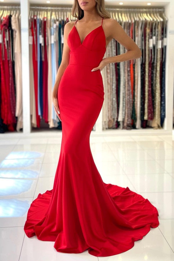 Red Spaghetti Strap Mermaid Evening Dress