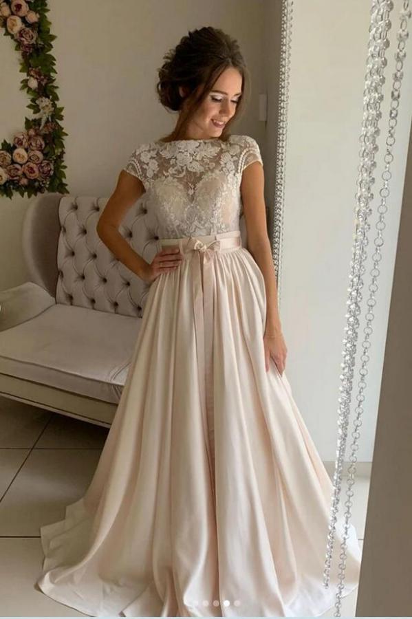 Simple Long A-line Jewel Stretch Satin Lace Wedding Dress