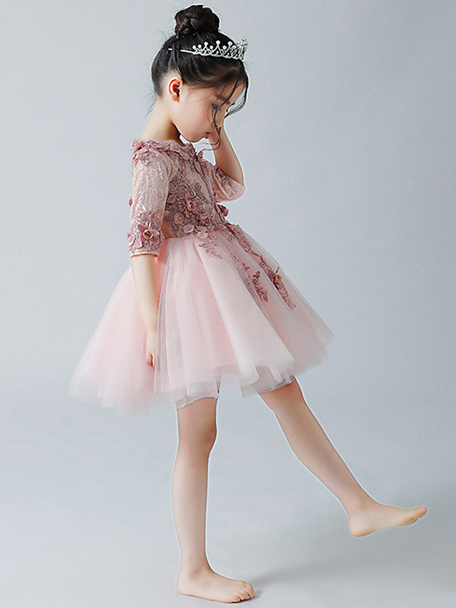 A-Line Half Sleeve Jewel Neck Flower Girl Dress with Tulle Appliques