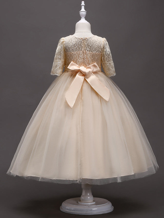 Half Sleeve Lace Jewel Neck Flower Girl Dresses with Satin Tulle Belt and Beading