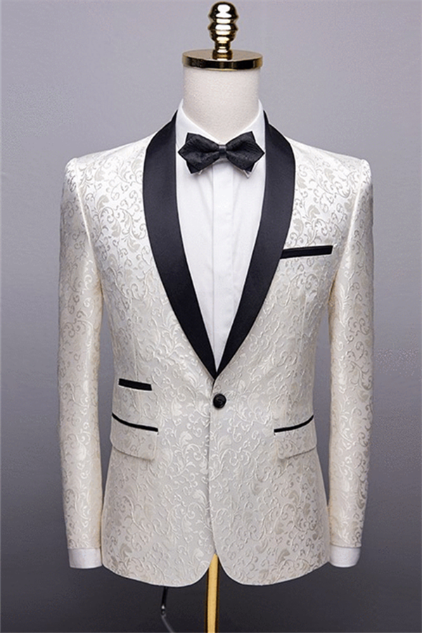 White Jacquard Wedding Suits for Men - Jacket Pants & Shawl Lapel Tuexdos