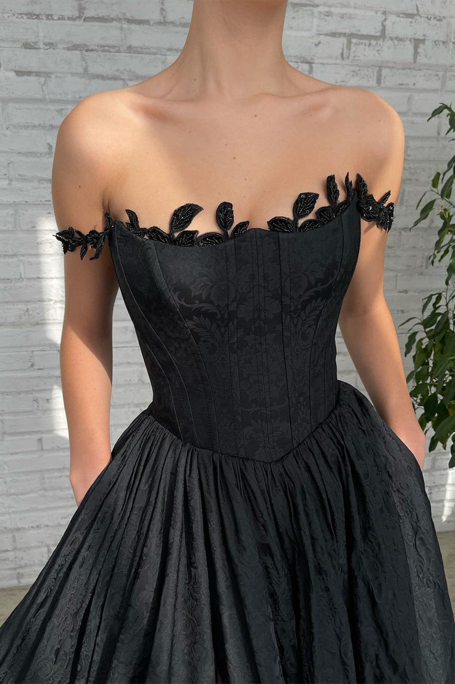 Black A Line Off-The-Shoulder Evening Dress with Sleeveless Lace Side Split