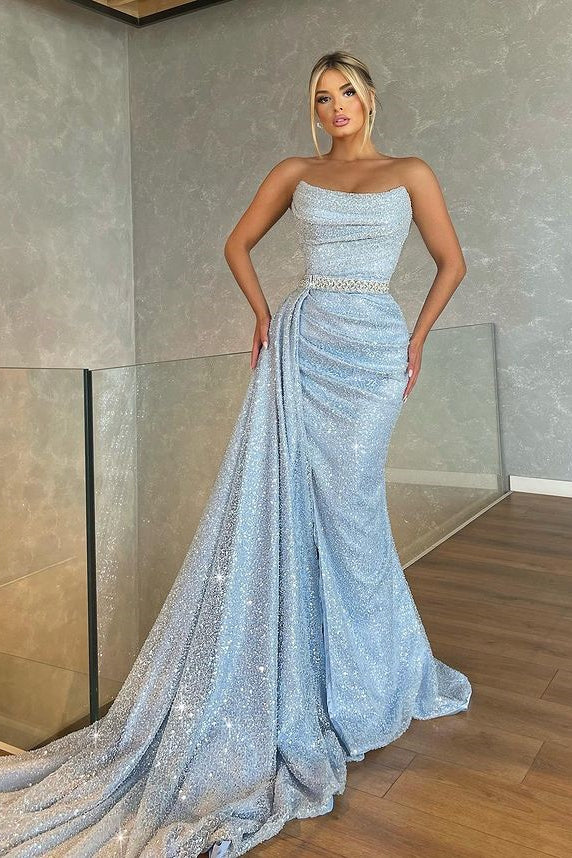 Mermaid Prom Dress with Baby Blue Beadings and Sequins - Strapless Sleeveless
