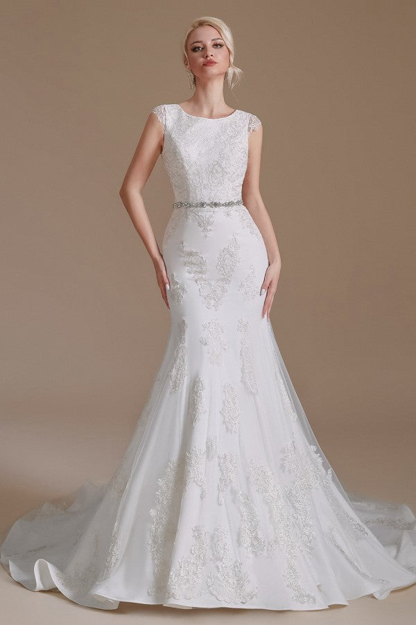 Gorgeous Jewel Mermaid Long Wedding Dress with Tulle Lace