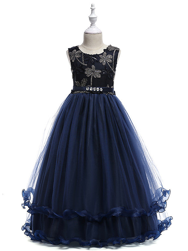 Lace Tulle Sleeveless Jewel Flower Girl Dress with Crystals