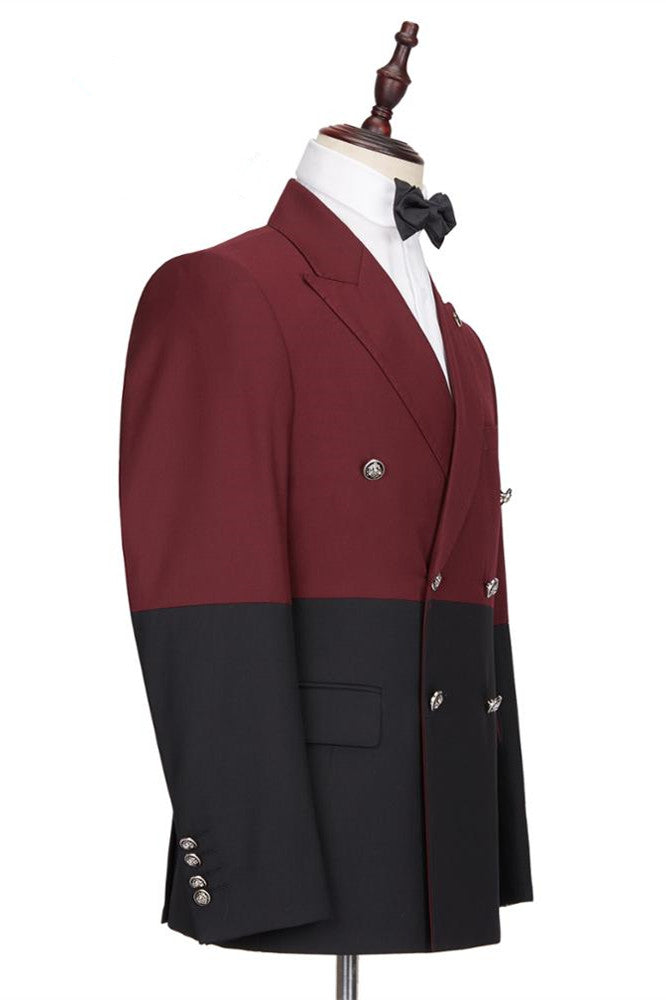 Fashion Burgundy & Black Peaked Lapel Double Breasted Party Prom Suit for Guys