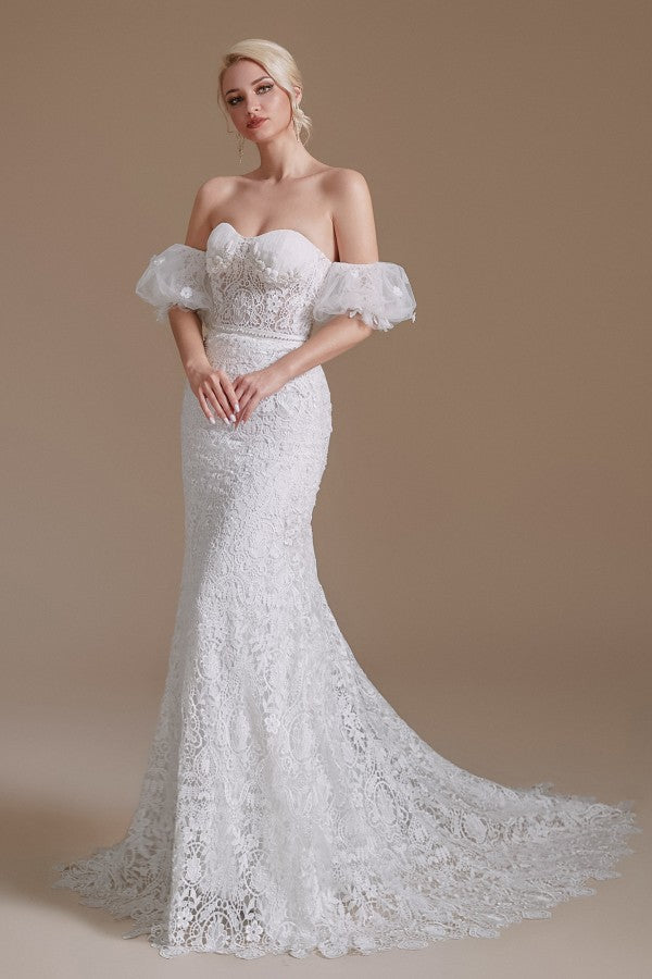 Long Mermaid Wedding Dresses With Detachable Sleeves - Beautiful Sweetheart Lace