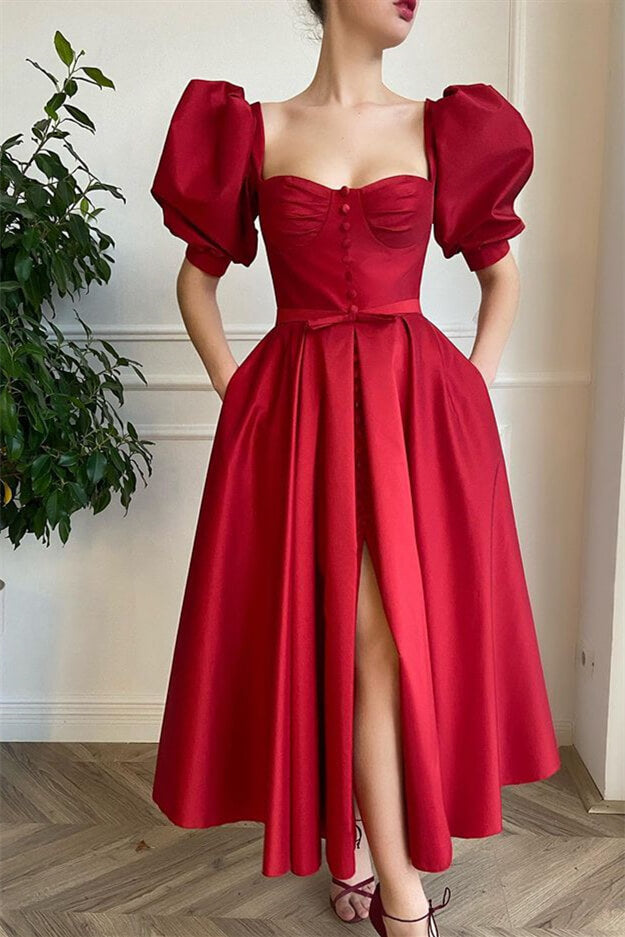 Stunning Wine Red Split Prom Dress with Short Sleeves