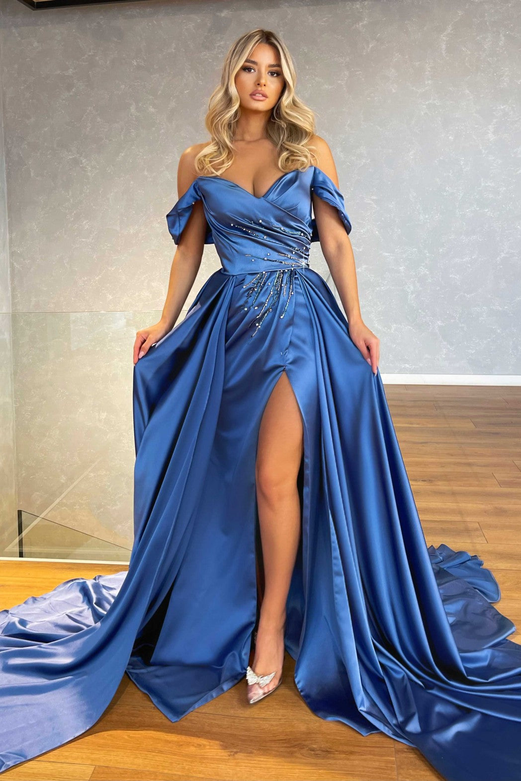 Blue Off-the-Shoulder Split Prom Dress with Beadings