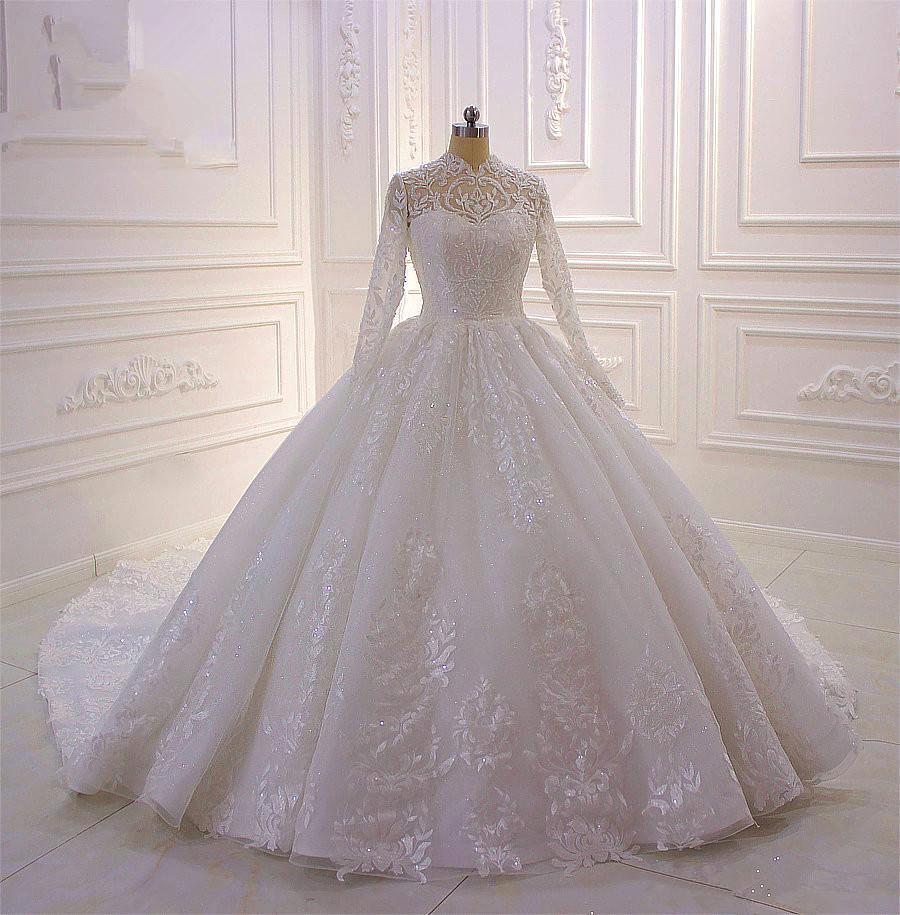 High-Neck Long Sleeve Ball Gown with Ruffles, Appliques, and Lace