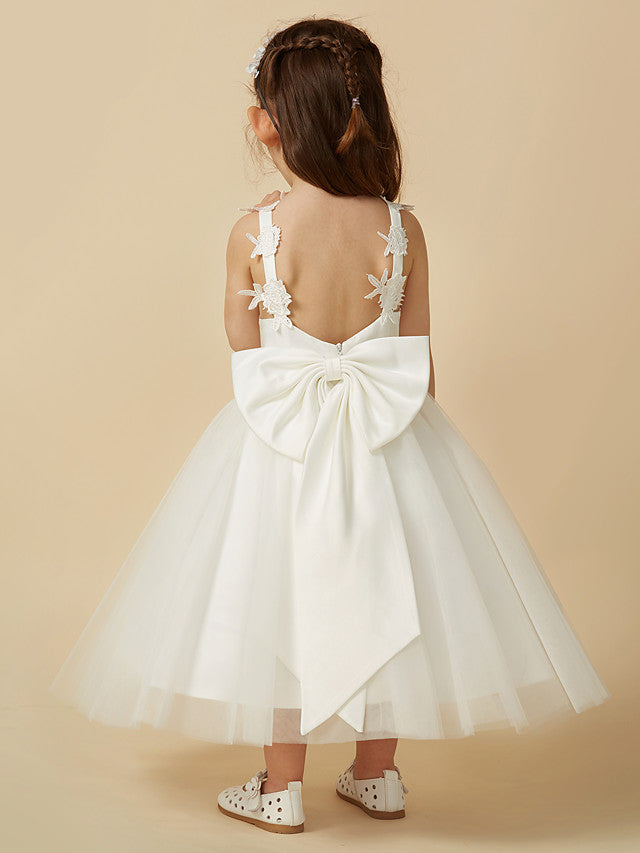 Lace Tulle A-Line Flower Girl Dress with Sleeveless V-Neck & Bow