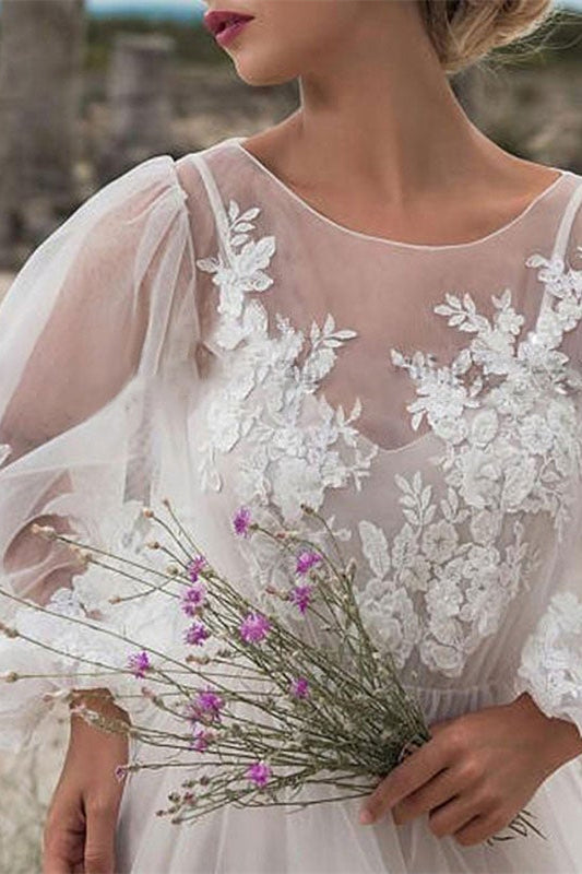 Elegant Tulle Lace Bubble Sleeves Wedding Dress