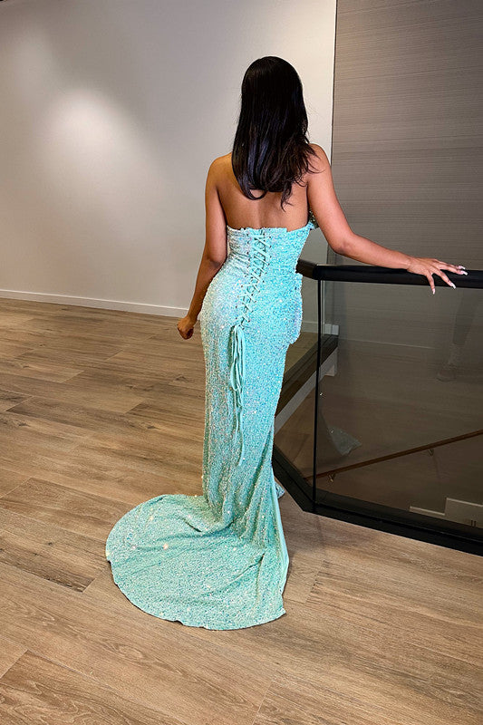 Blue Sequins Sweetheart Mermaid Prom Dress with Split Trumpet