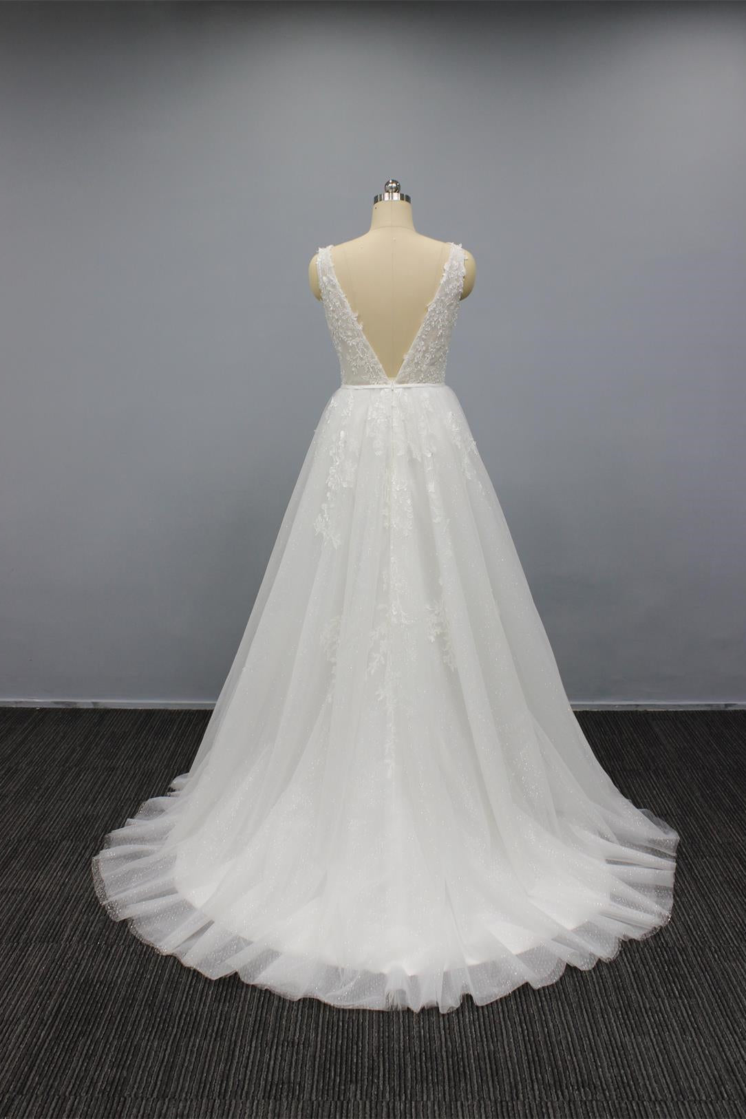 White V Neck Tulle Wedding Dress with Flower Appliques & Beaded Open Back