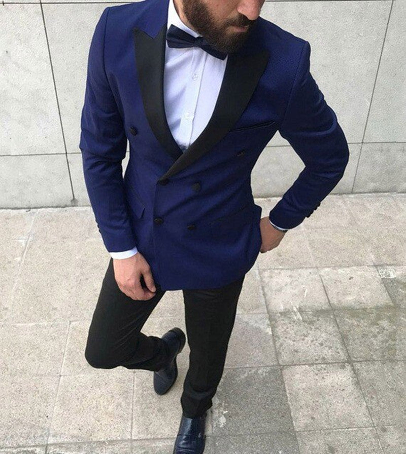 Double Breasted Navy Blue Peaked Lapel Prom Suits for Guys