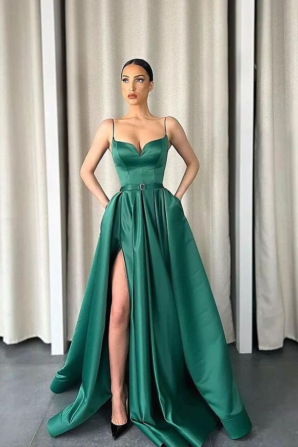 Dark Green Long Prom Dress with Spaghetti-Straps and A-Line V-Neck Split