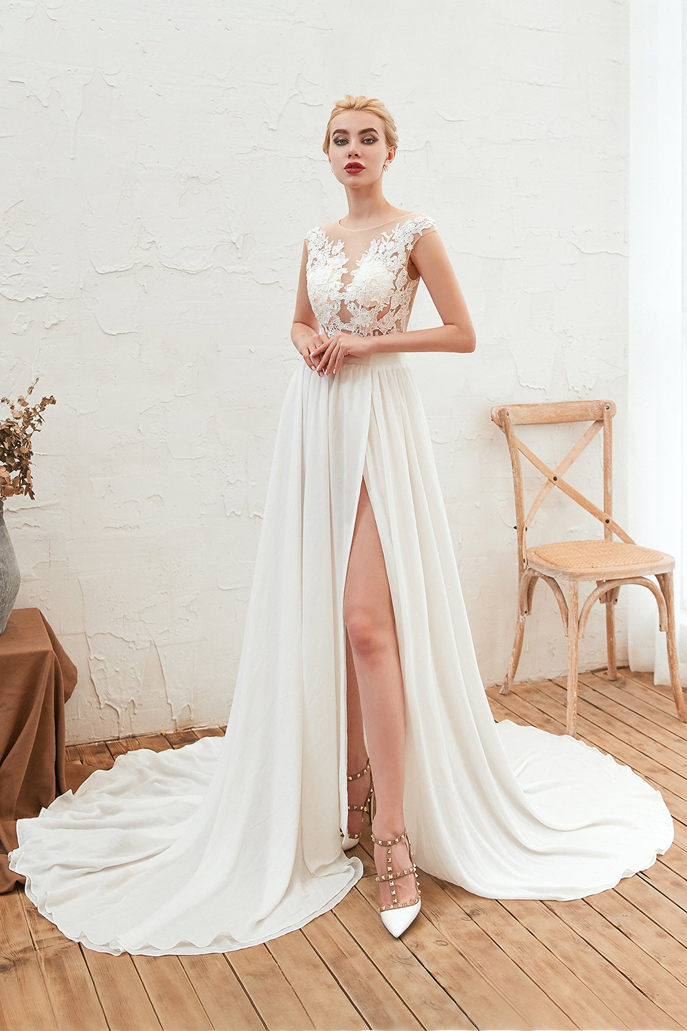 Bateau Appliques Lace A-line Chiffon Wedding Dress with Ruffles and Slit