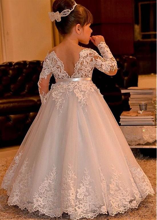 A-Line Bateau Long Sleeve Backless Flower Girl Dress With Lace Bowknot Appliques