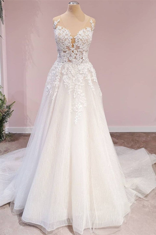 A-Line Lace Tulle Backless Wedding Dress With Sweetheart Appliques