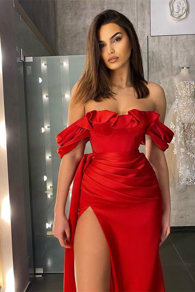 Red Off-the-Shoulder Slit Prom Dress with Ruffles