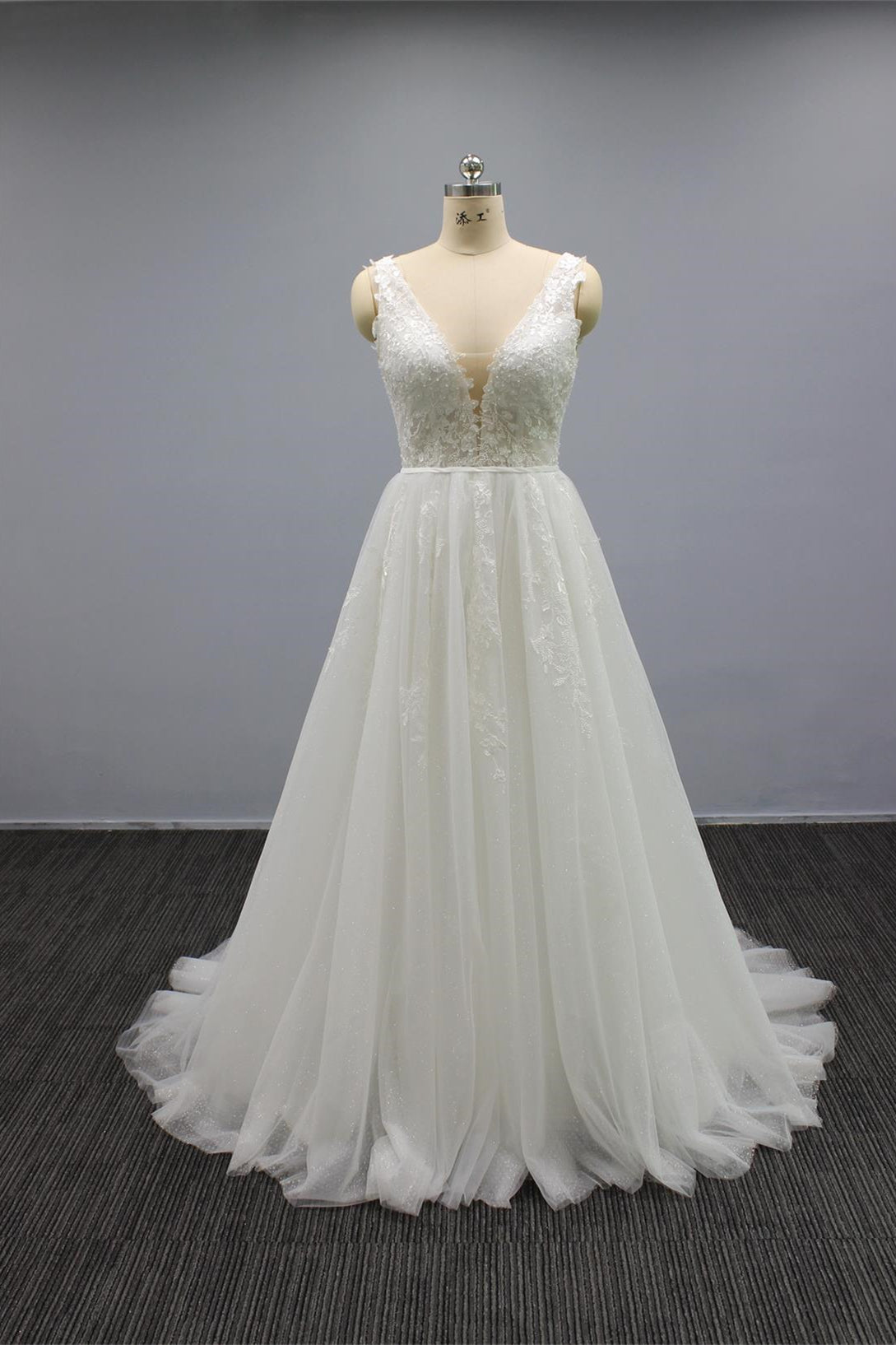 White V Neck Tulle Wedding Dress with Flower Appliques & Beaded Open Back