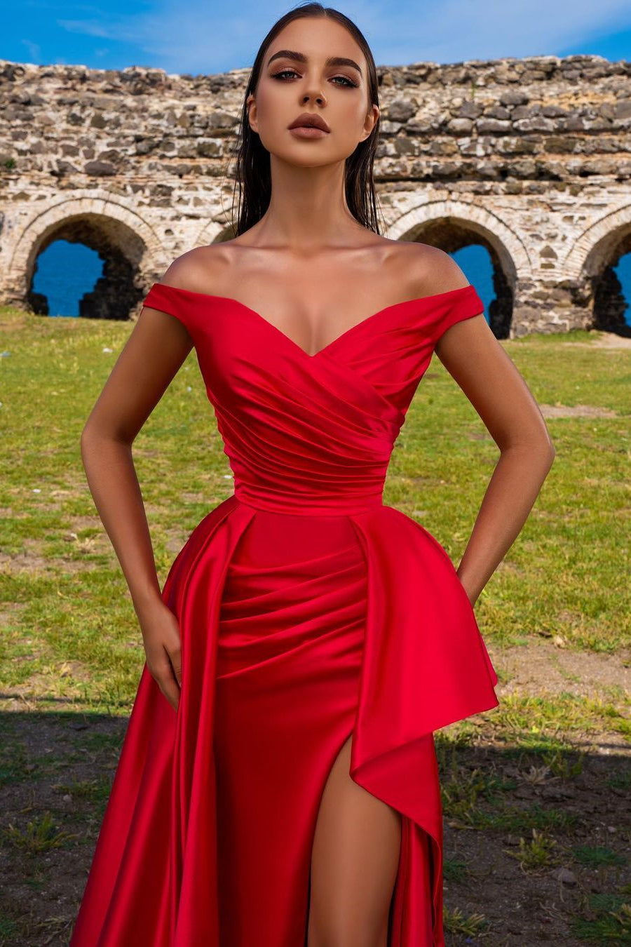 Red Off-The-Shoulder Mermaid Prom Dress With Split