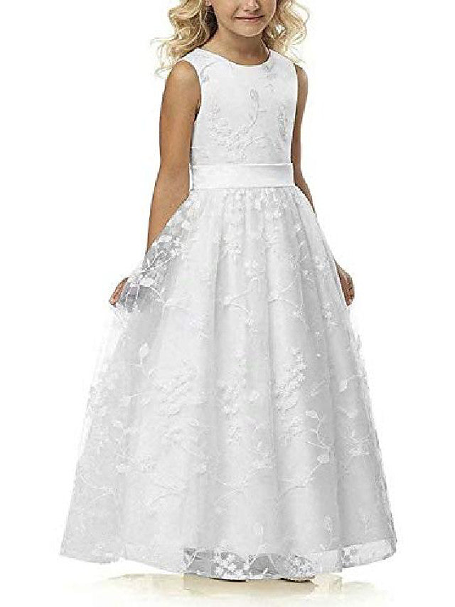 A-Line Jewel Sleeveless Flower Girl Dress with Lace and Belt