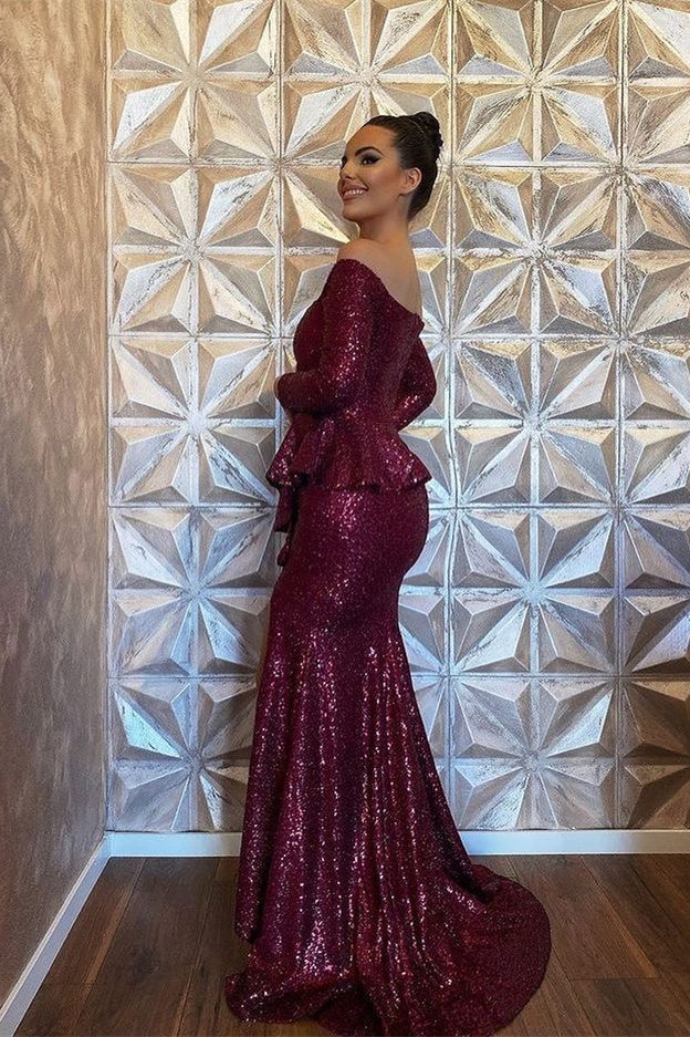 Stunning Burgundy Mermaid Evening Dress With Split and Sequins Long Sleeves