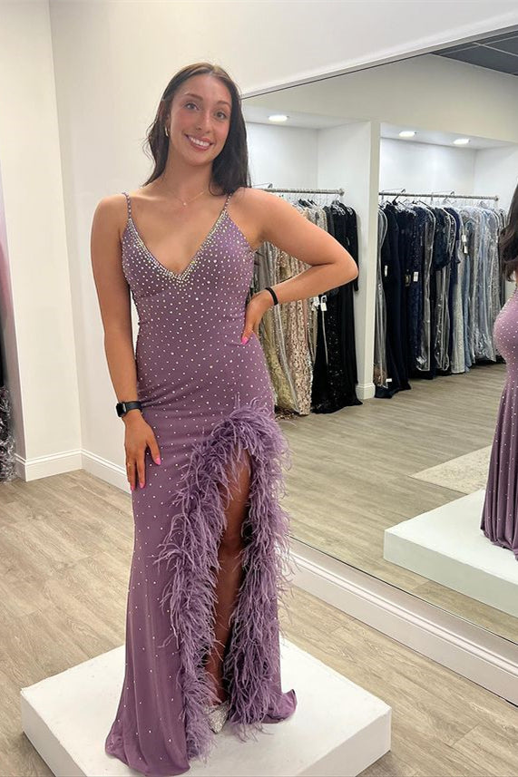 Purple Feather Beaded Long Spaghetti-Straps Prom Dress