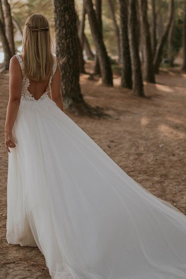 Modest Boho Long A-line V-neck Backless Lace Tulle Wedding Dress