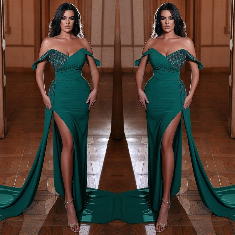 Emerald Green V-Neck Mermaid Evening Dress With Ruffles Split Off-The-Shoulder