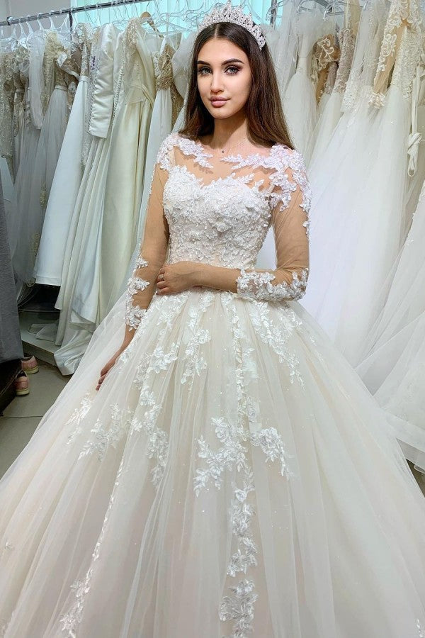 Classy Bateau Long Sleeve Princess Wedding Dress with Appliques and Lace Tulle